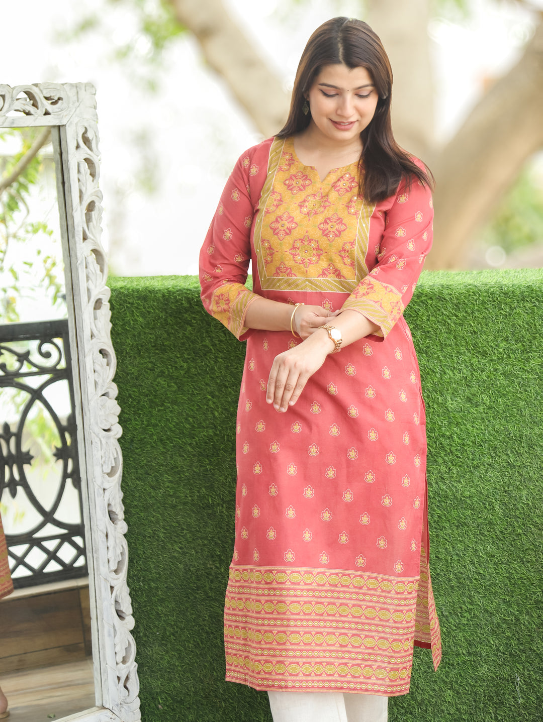 Ellen Rosy Pink Printed Yoke Cotton Kurti