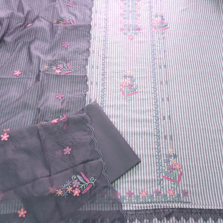 Khusboo Fossil Grey Thread Embroidered Stripe Cotton Set