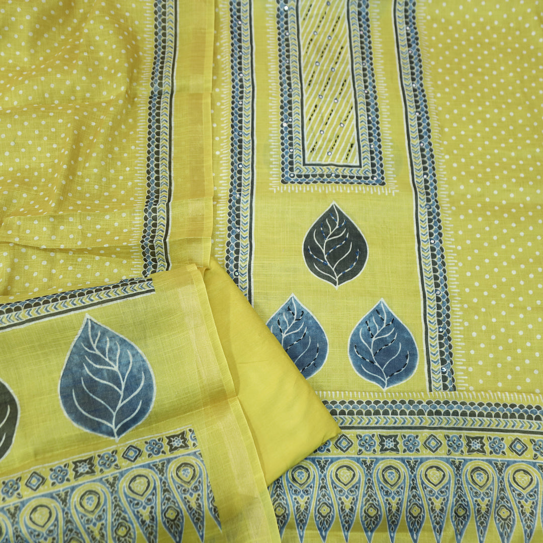 Paalki Butterscotch Yellow Patra in Panel Print Shimmer Tissue Linen Suit Set