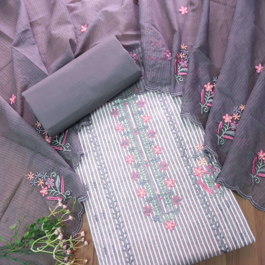 Khusboo Fossil Grey Thread Embroidered Stripe Cotton Set
