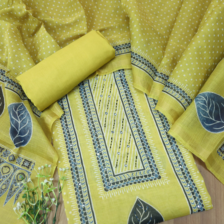 Paalki Butterscotch Yellow Patra in Panel Print Shimmer Tissue Linen Suit Set