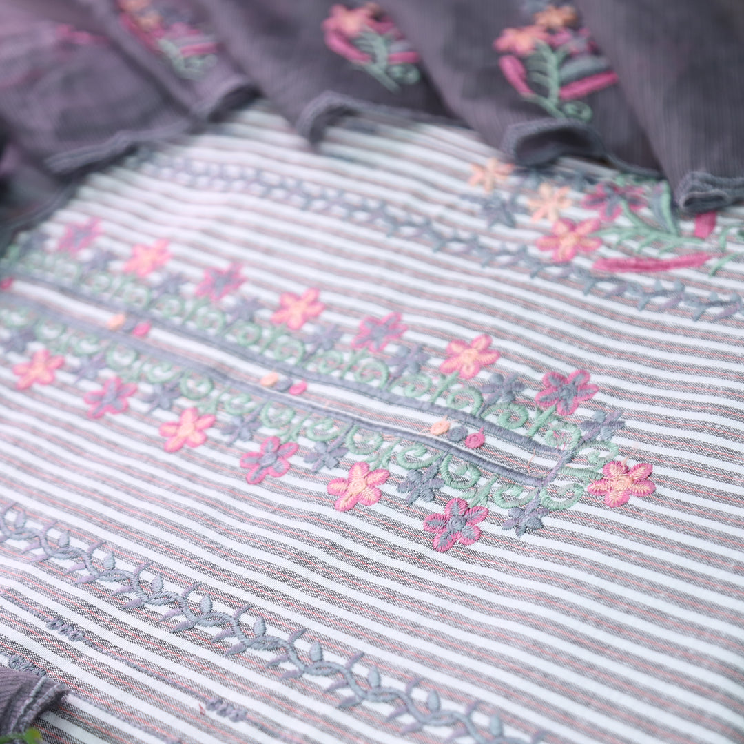 Khusboo Fossil Grey Thread Embroidered Stripe Cotton Set