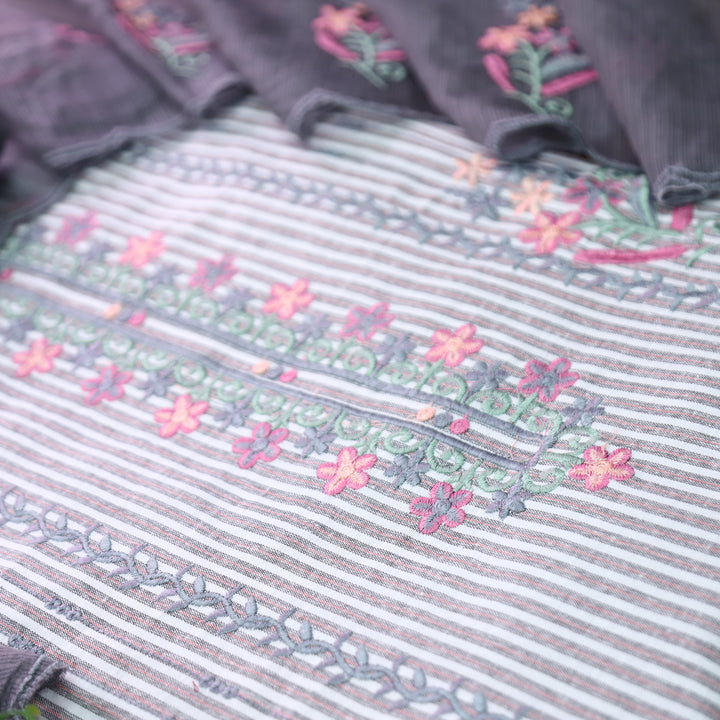 Khusboo Fossil Grey Thread Embroidered Stripe Cotton Set