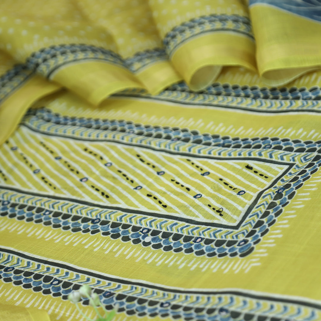 Paalki Butterscotch Yellow Patra in Panel Print Shimmer Tissue Linen Suit Set