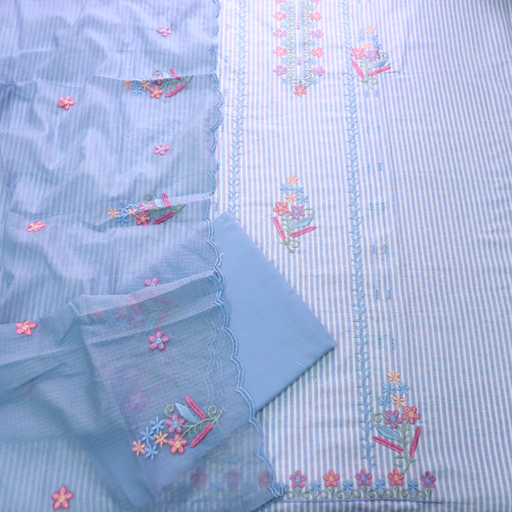 Khusboo Powder Blue Thread Embroidered Stripe Cotton Set