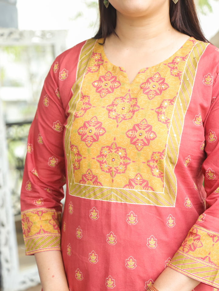 Ellen Rosy Pink Printed Yoke Cotton Kurti