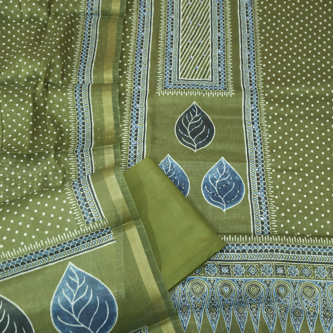 Paalki Grass Green Patra in Panel Print Shimmer Tissue Linen Suit Set
