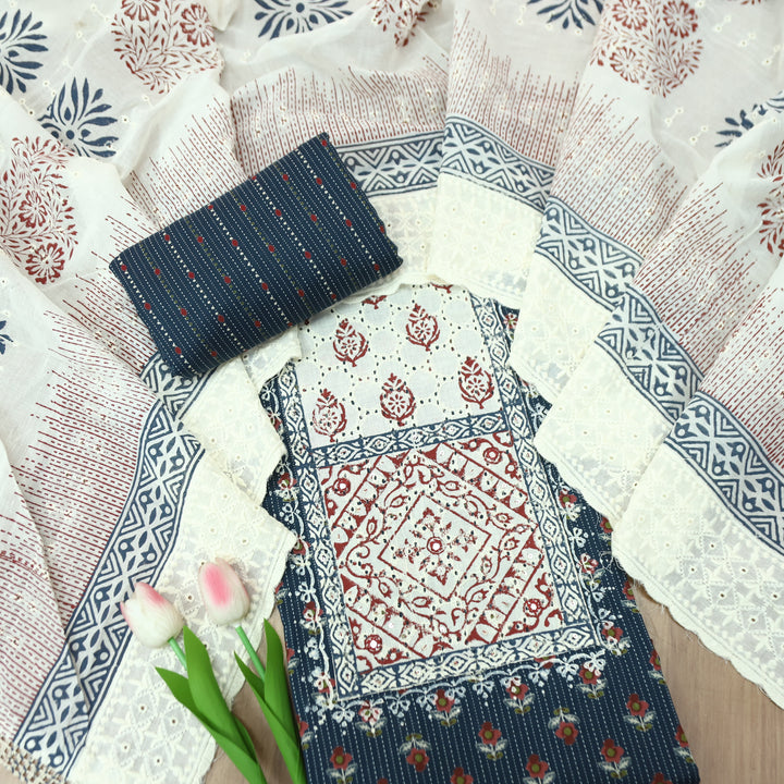 Yalini Blue Block Print Schiffli Yoke Floral Printed Cotton Set