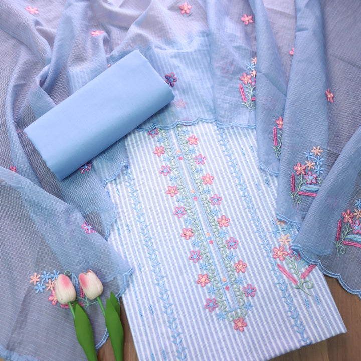 Khusboo Powder Blue Thread Embroidered Stripe Cotton Set