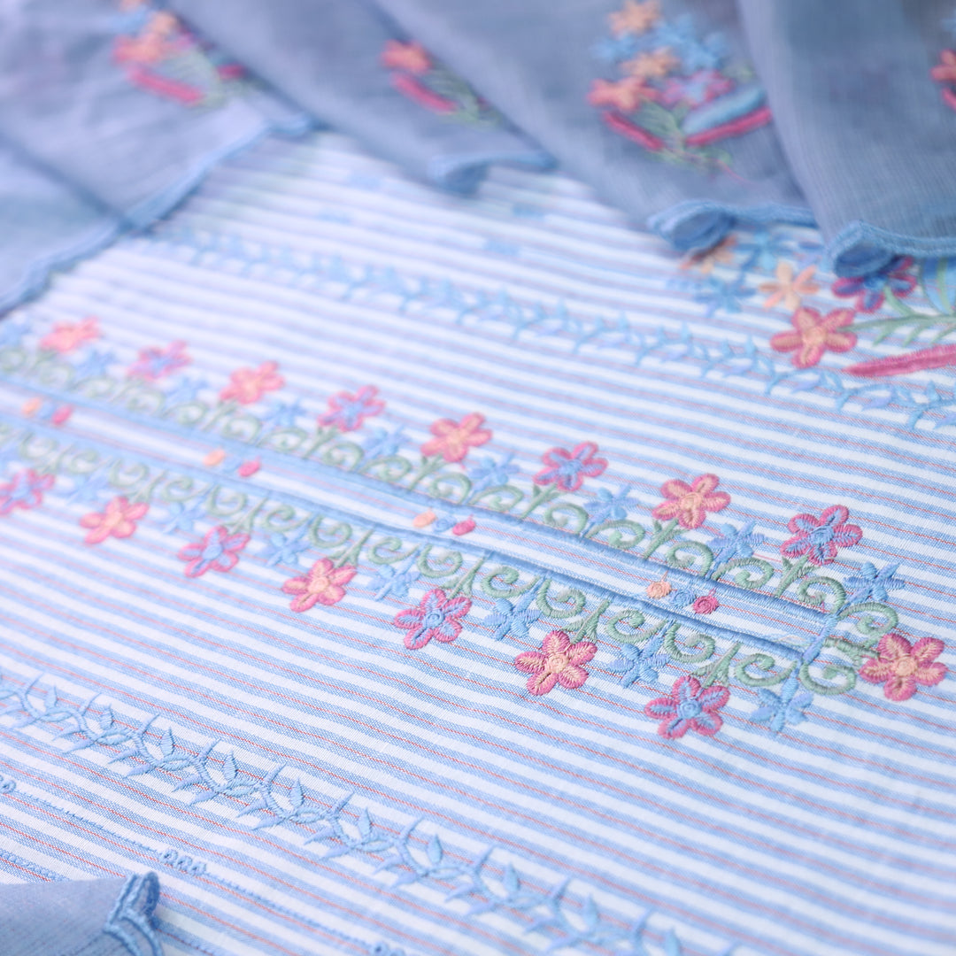 Khusboo Powder Blue Thread Embroidered Stripe Cotton Set