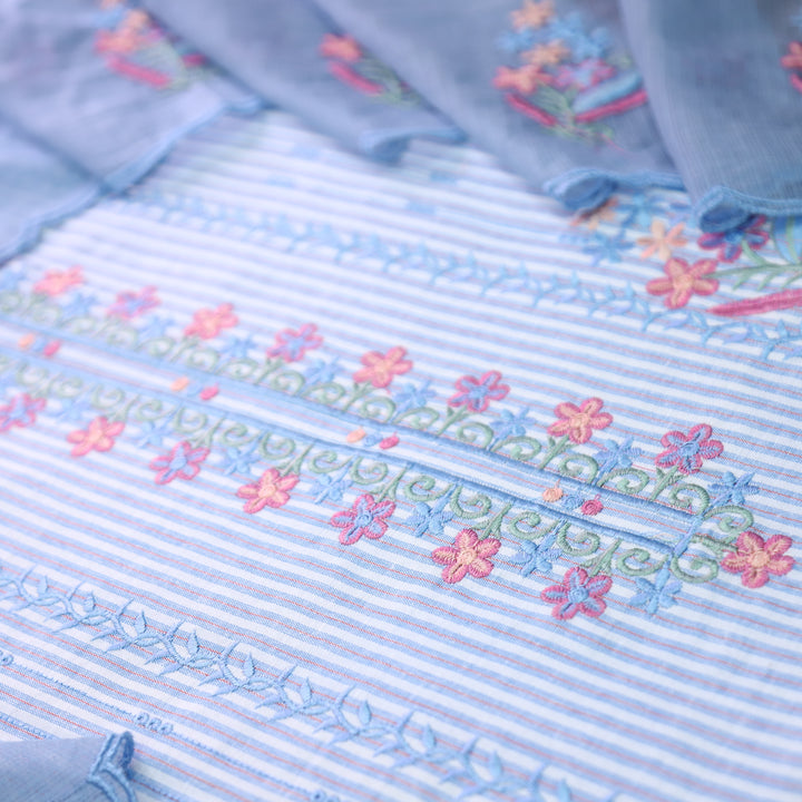Khusboo Powder Blue Thread Embroidered Stripe Cotton Set