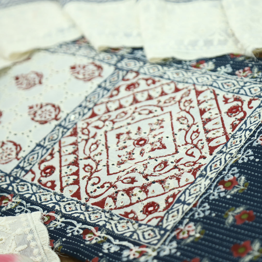 Yalini Blue Block Print Schiffli Yoke Floral Printed Cotton Set