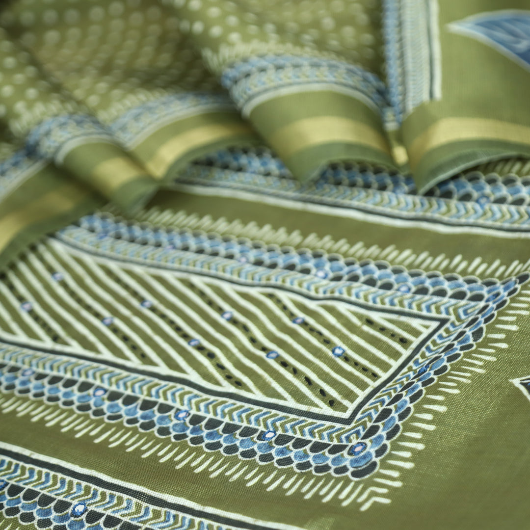 Paalki Grass Green Patra in Panel Print Shimmer Tissue Linen Suit Set