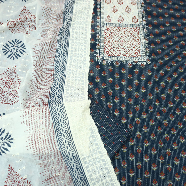 Yalini Blue Block Print Schiffli Yoke Floral Printed Cotton Set