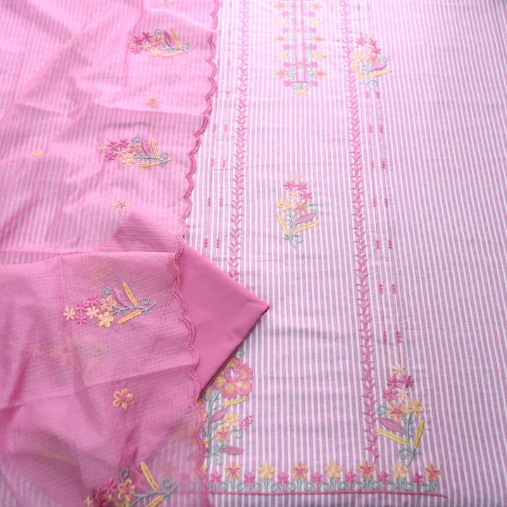 Khusboo Candy Pink Thread Embroidered Stripe Cotton Set