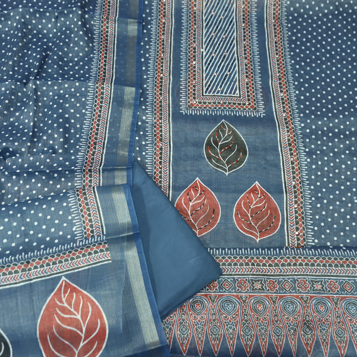 Paalki Denim Blue Patra in Panel Print Shimmer Tissue Linen Suit Set