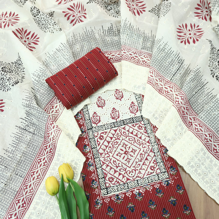 Yalini Cherry Red Block Print Schiffli Yoke Floral Printed Cotton Set