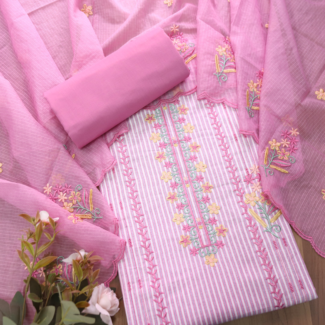 Khusboo Candy Pink Thread Embroidered Stripe Cotton Set