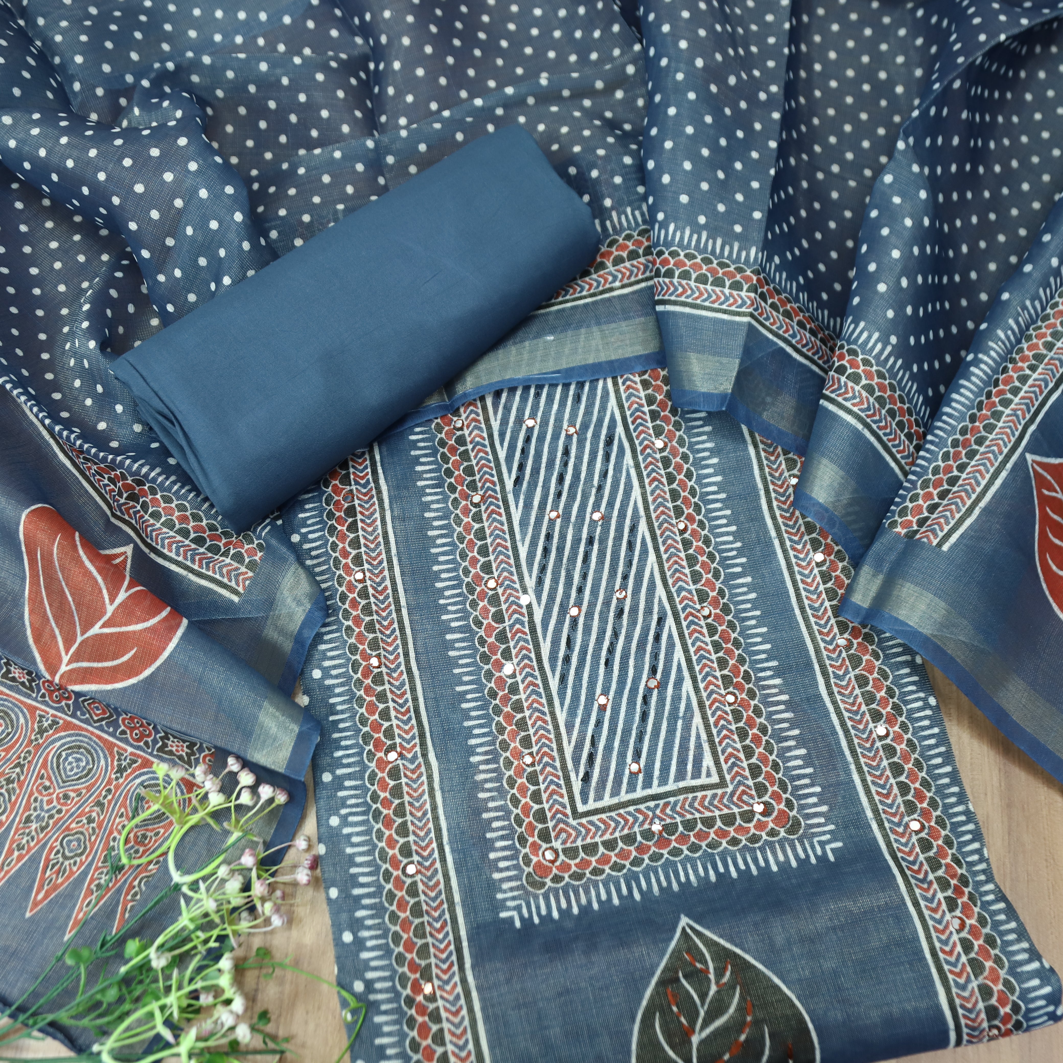 Paalki Denim Blue Patra in Panel Print Shimmer Tissue Linen Suit Set ...