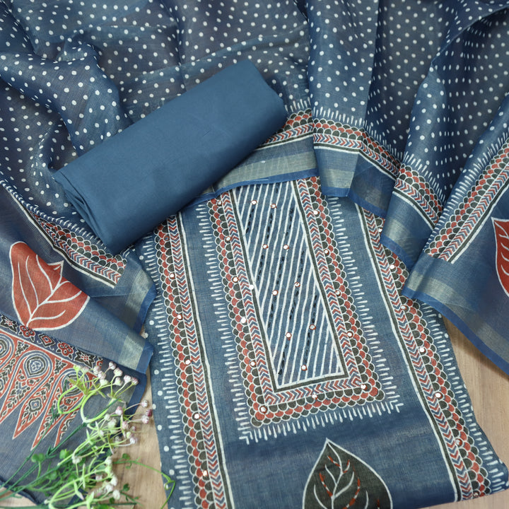 Paalki Denim Blue Patra in Panel Print Shimmer Tissue Linen Suit Set