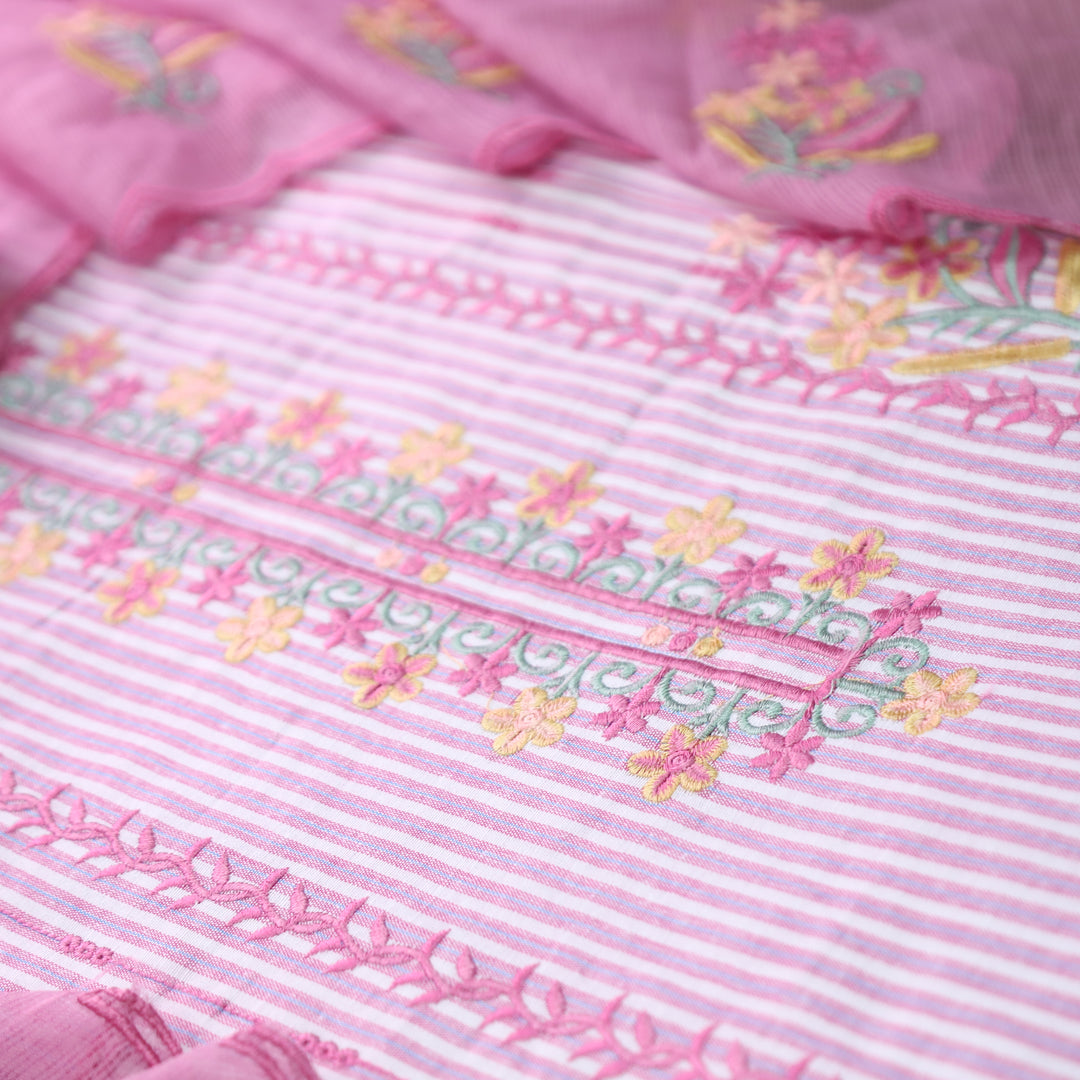 Khusboo Candy Pink Thread Embroidered Stripe Cotton Set