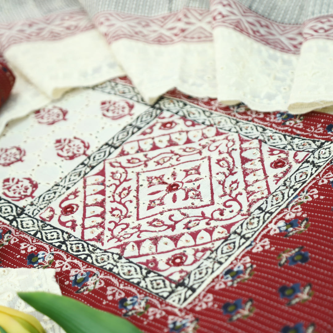 Yalini Cherry Red Block Print Schiffli Yoke Floral Printed Cotton Set