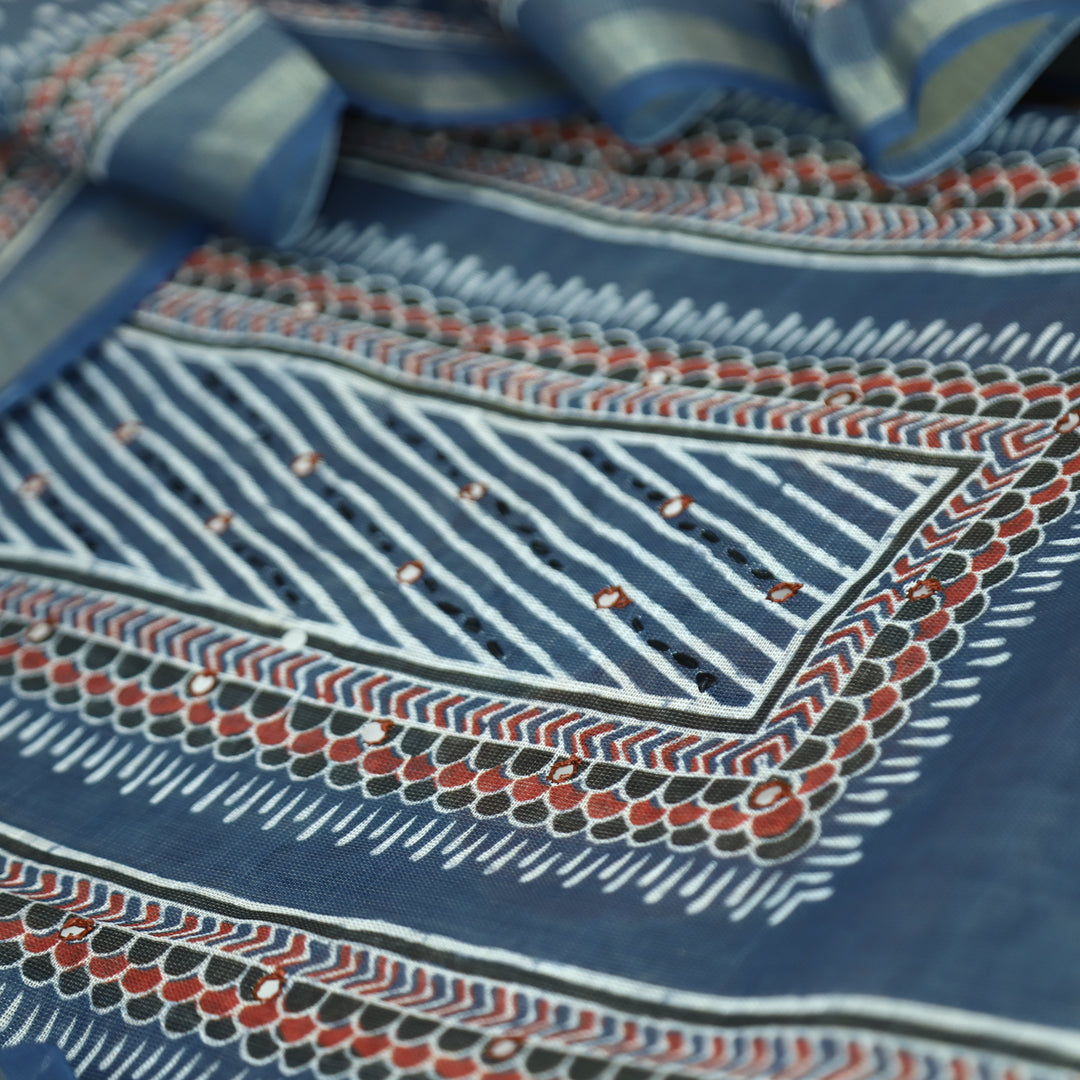 Paalki Denim Blue Patra in Panel Print Shimmer Tissue Linen Suit Set
