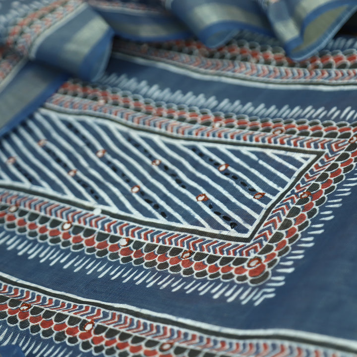 Paalki Denim Blue Patra in Panel Print Shimmer Tissue Linen Suit Set