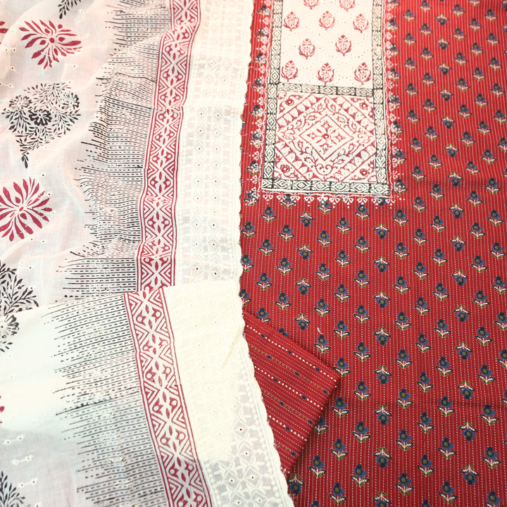 Yalini Cherry Red Block Print Schiffli Yoke Floral Printed Cotton Set