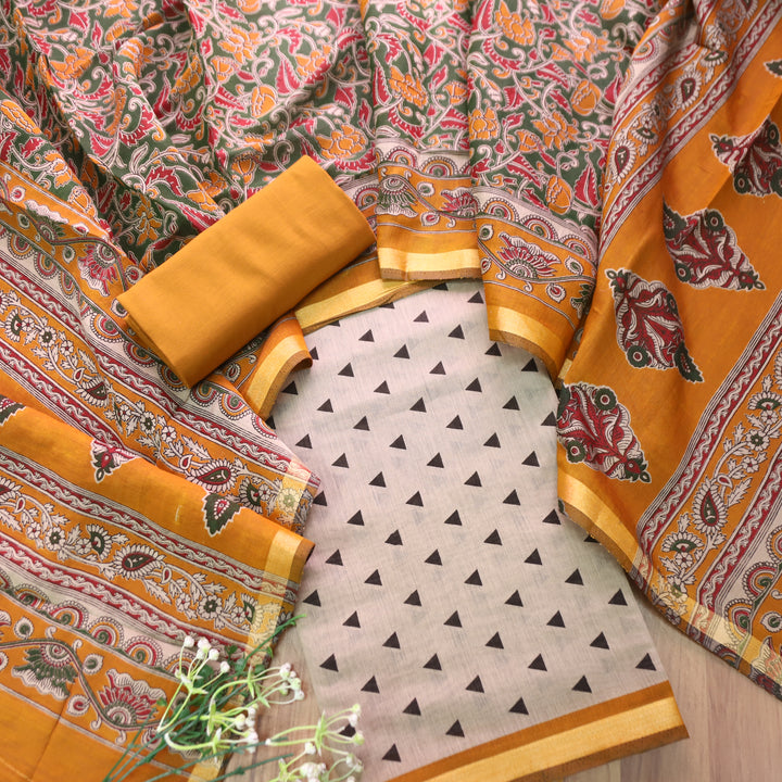 Parineeti Sand Beige with Yellow Kalamkari Print Maheswari Chanderi Set