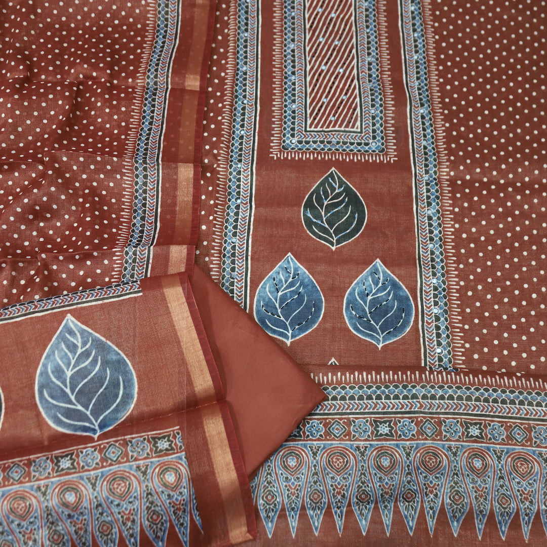 Paalki Burnt Orange Patra in Panel Print Shimmer Tissue Linen Suit Set
