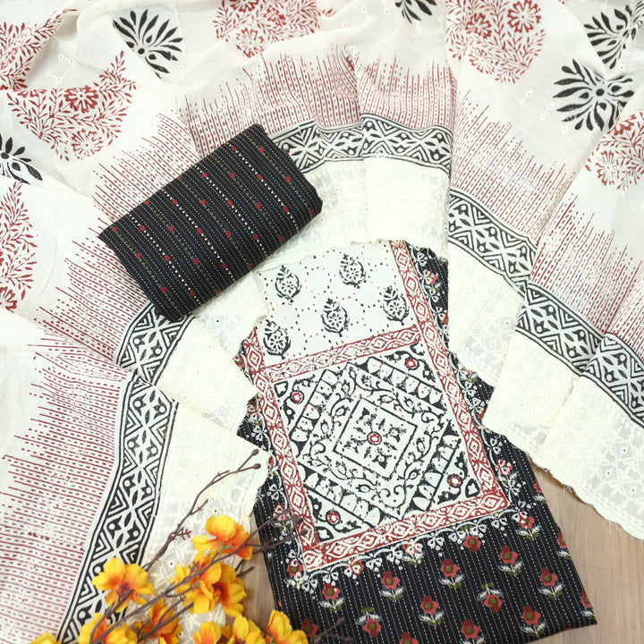 Yalini Oil Black Block Print Schiffli Yoke Floral Printed Cotton Set
