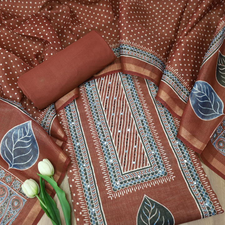 Paalki Burnt Orange Patra in Panel Print Shimmer Tissue Linen Suit Set