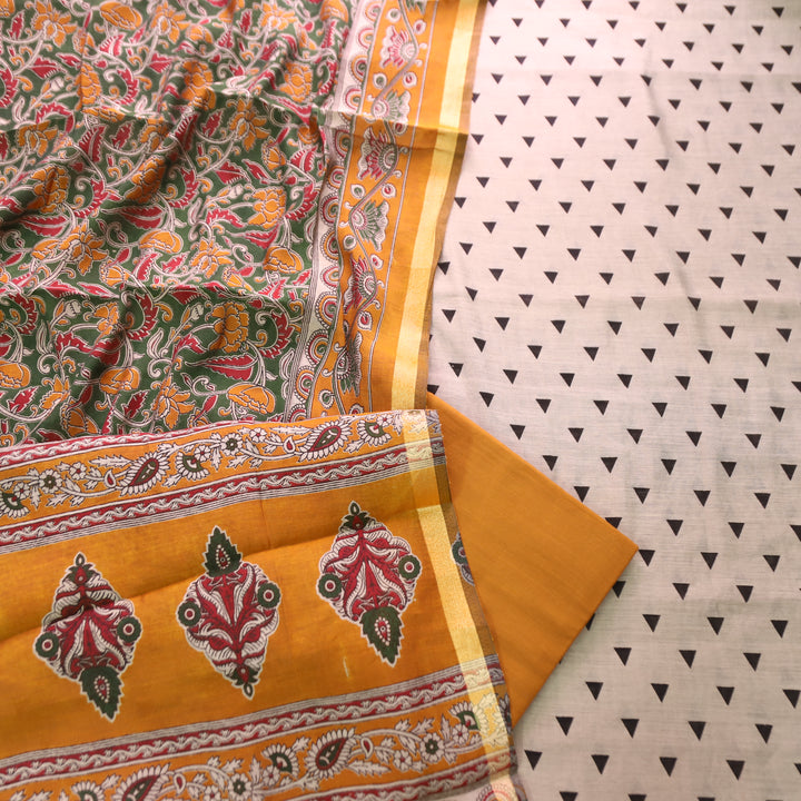 Parineeti Sand Beige with Yellow Kalamkari Print Maheswari Chanderi Set