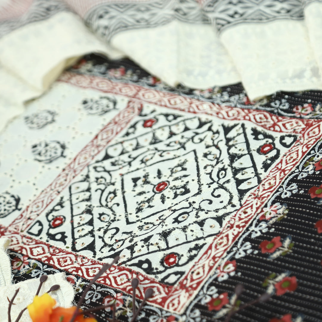Yalini Oil Black Block Print Schiffli Yoke Floral Printed Cotton Set