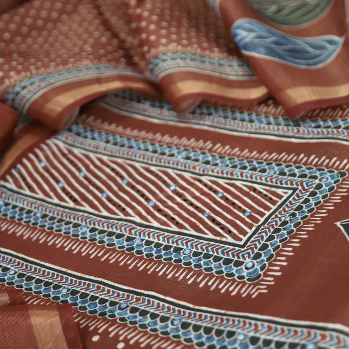 Paalki Burnt Orange Patra in Panel Print Shimmer Tissue Linen Suit Set