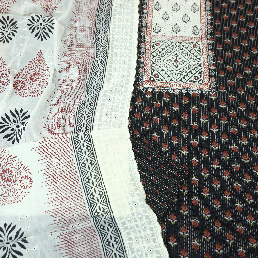 Yalini Oil Black Block Print Schiffli Yoke Floral Printed Cotton Set