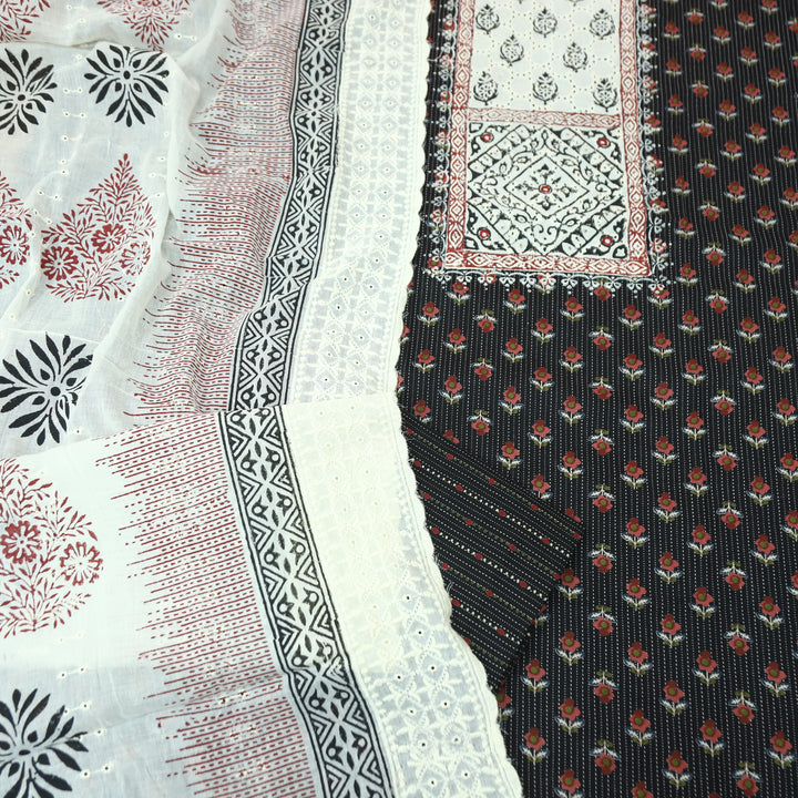 Yalini Oil Black Block Print Schiffli Yoke Floral Printed Cotton Set