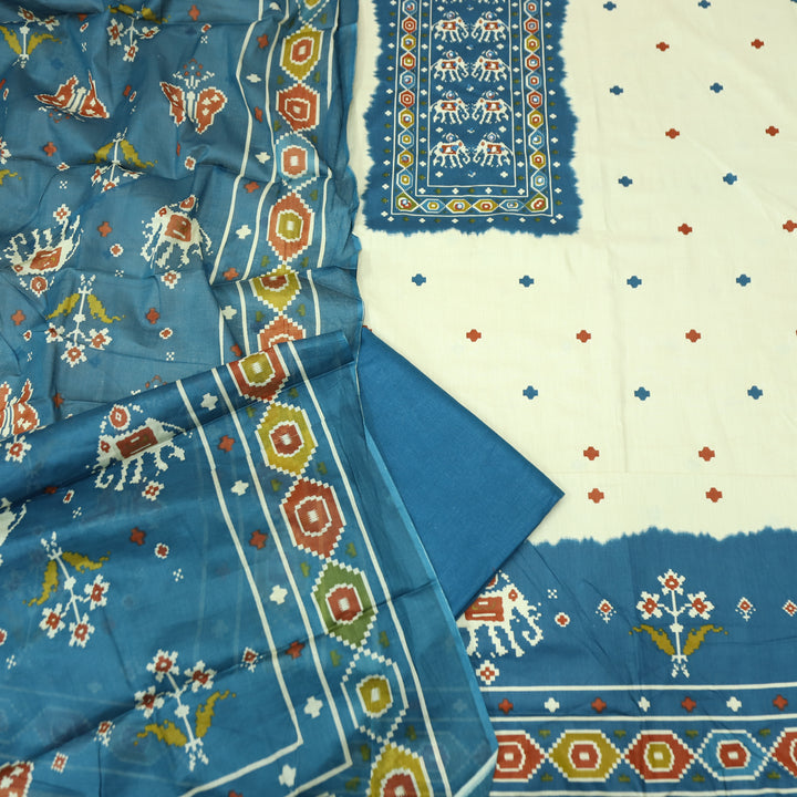 Amelia Beige with Blue Gajj Print Patra Work Yoke Cotton Set