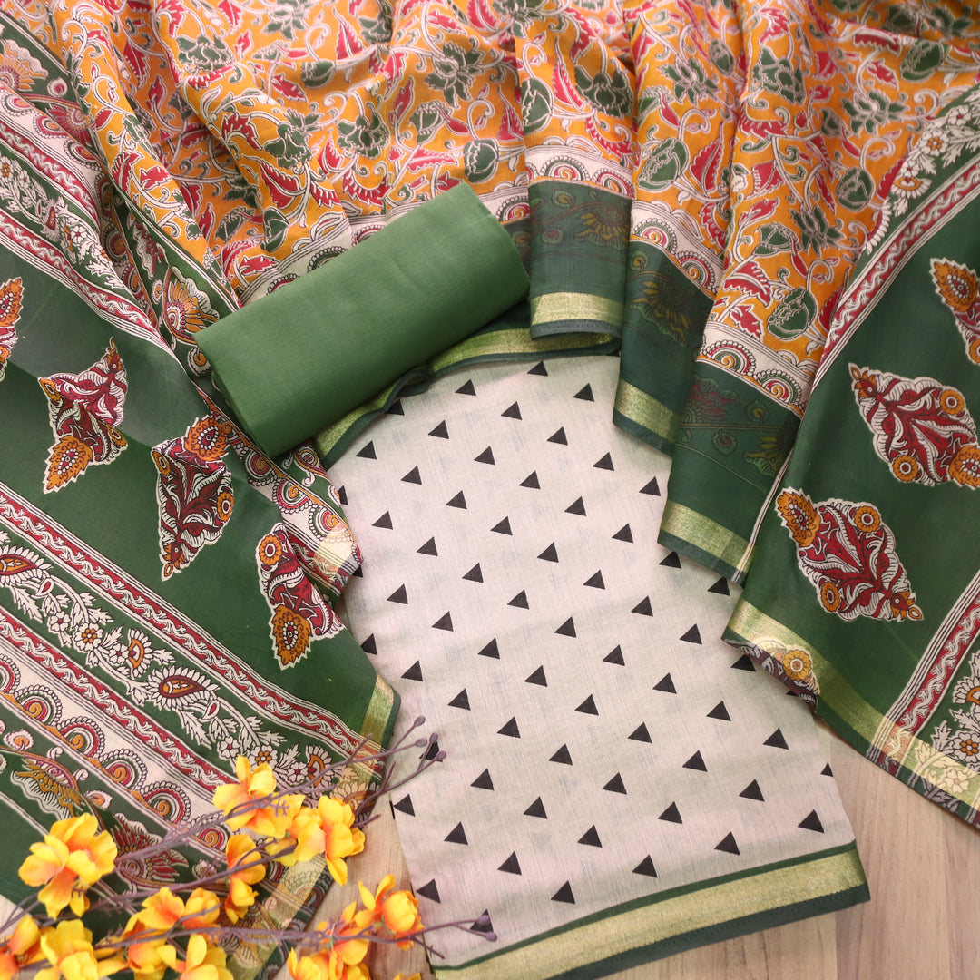 Parineeti Sand Beige with Green Kalamkari Print Maheswari Chanderi Set