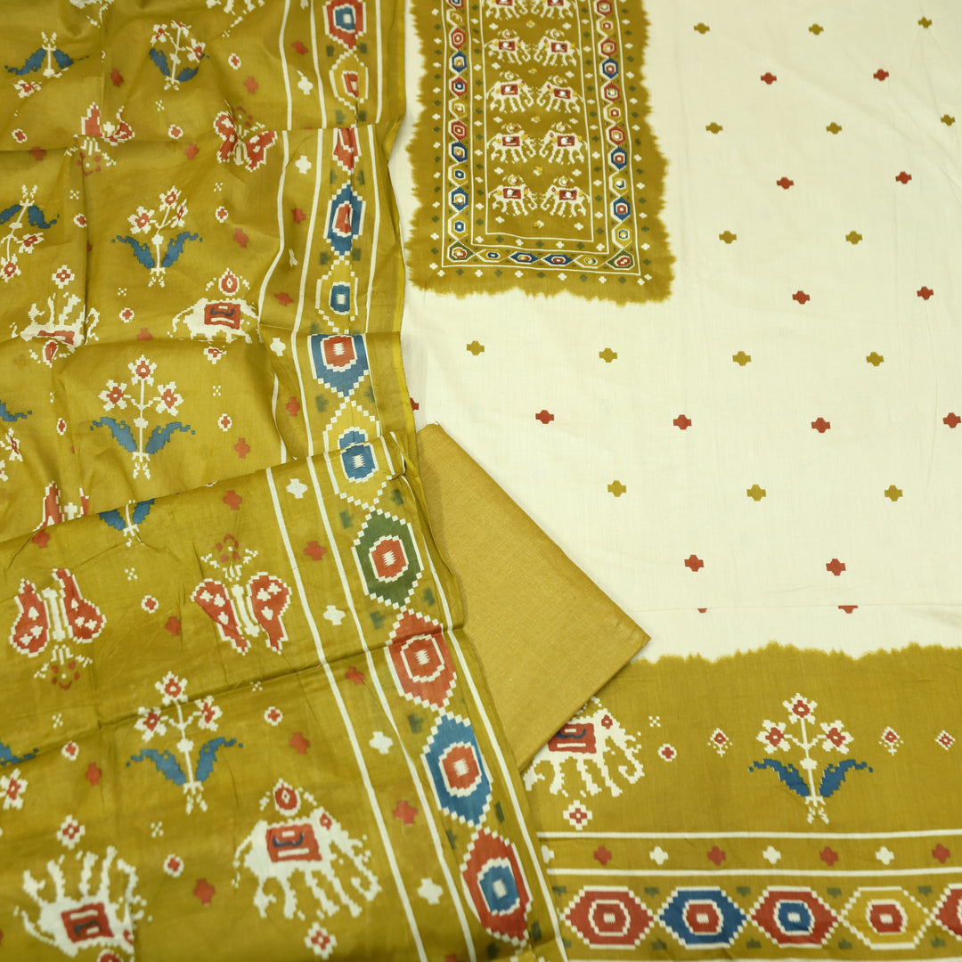 Amelia Beige with Mustard Gajj Print Patra Work Yoke Cotton Set
