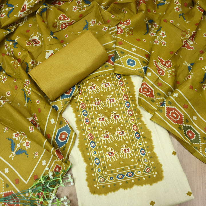 Amelia Beige with Mustard Gajj Print Patra Work Yoke Cotton Set
