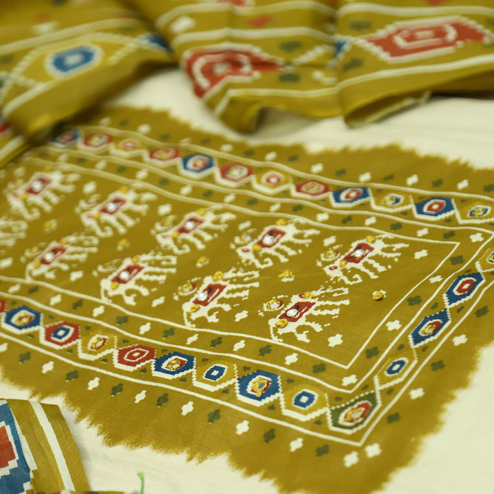Amelia Beige with Mustard Gajj Print Patra Work Yoke Cotton Set