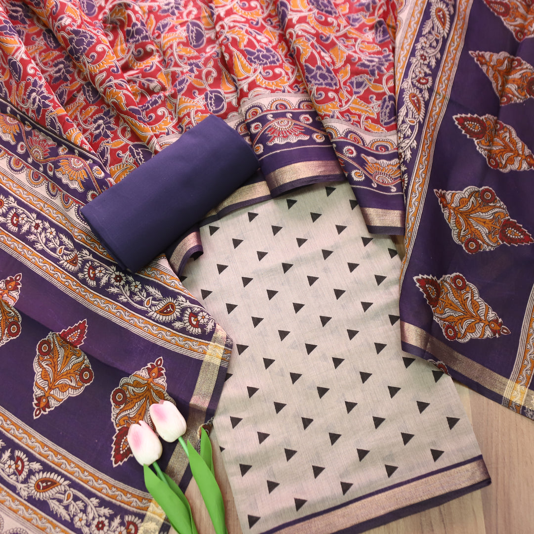 Parineeti Sand Beige with Blue Kalamkari Print Maheswari Chanderi Set