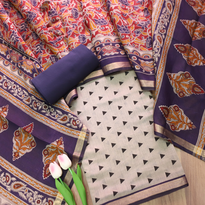 Parineeti Sand Beige with Blue Kalamkari Print Maheswari Chanderi Set