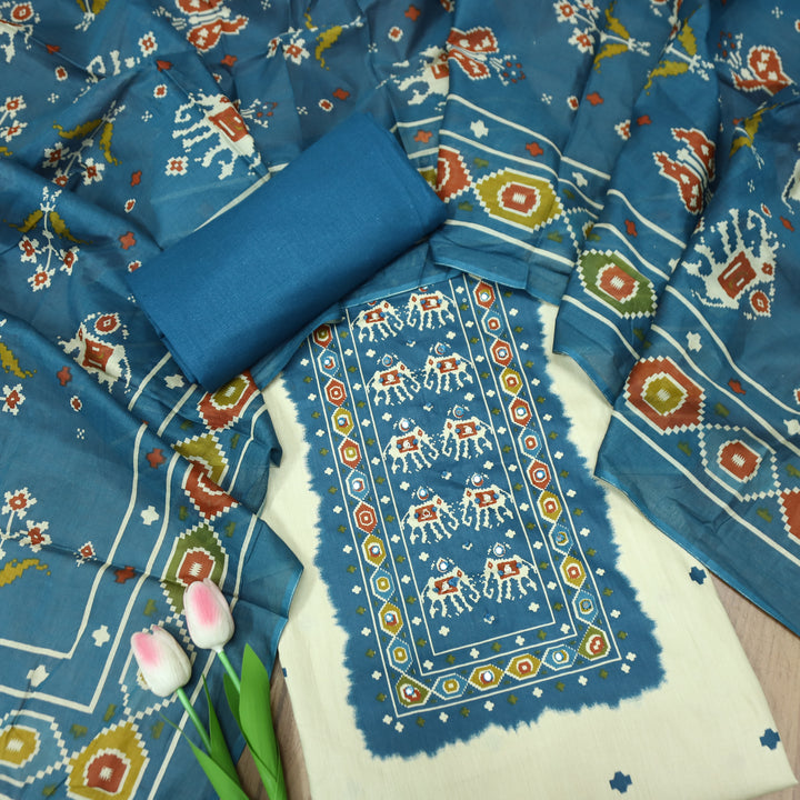 Amelia Beige with Blue Gajj Print Patra Work Yoke Cotton Set