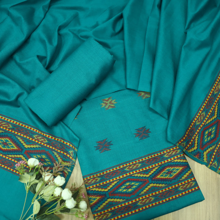 दिपशा Empress Teal Thread Weaved Hem Semi Pashmina Winter Suit Set