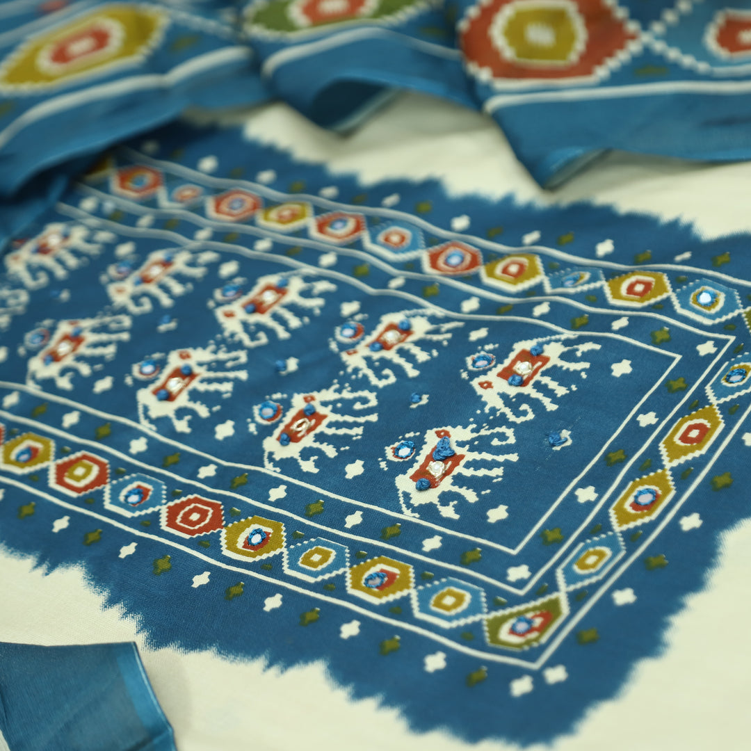 Amelia Beige with Blue Gajj Print Patra Work Yoke Cotton Set
