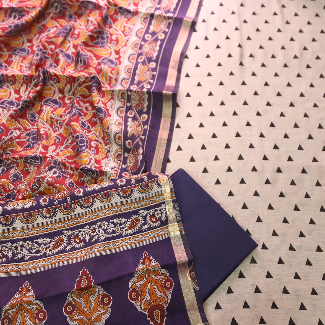 Parineeti Sand Beige with Blue Kalamkari Print Maheswari Chanderi Set