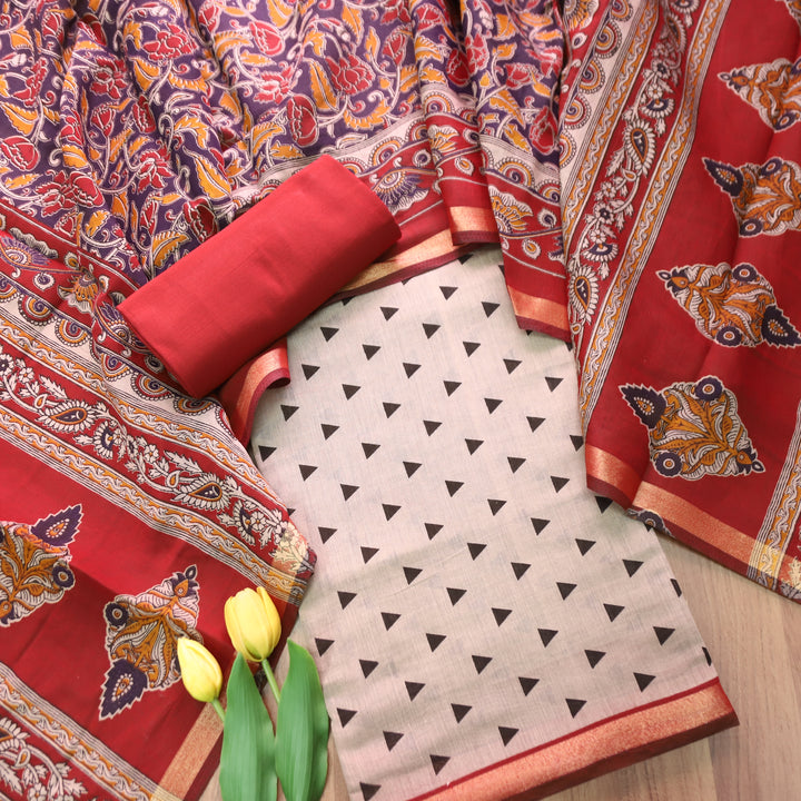 Parineeti Sand Beige with Red Kalamkari Print Maheswari Chanderi Set